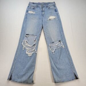 American Eagle Baggy Wide Leg Jeans Womens 4 Light Wash Distressed Denim